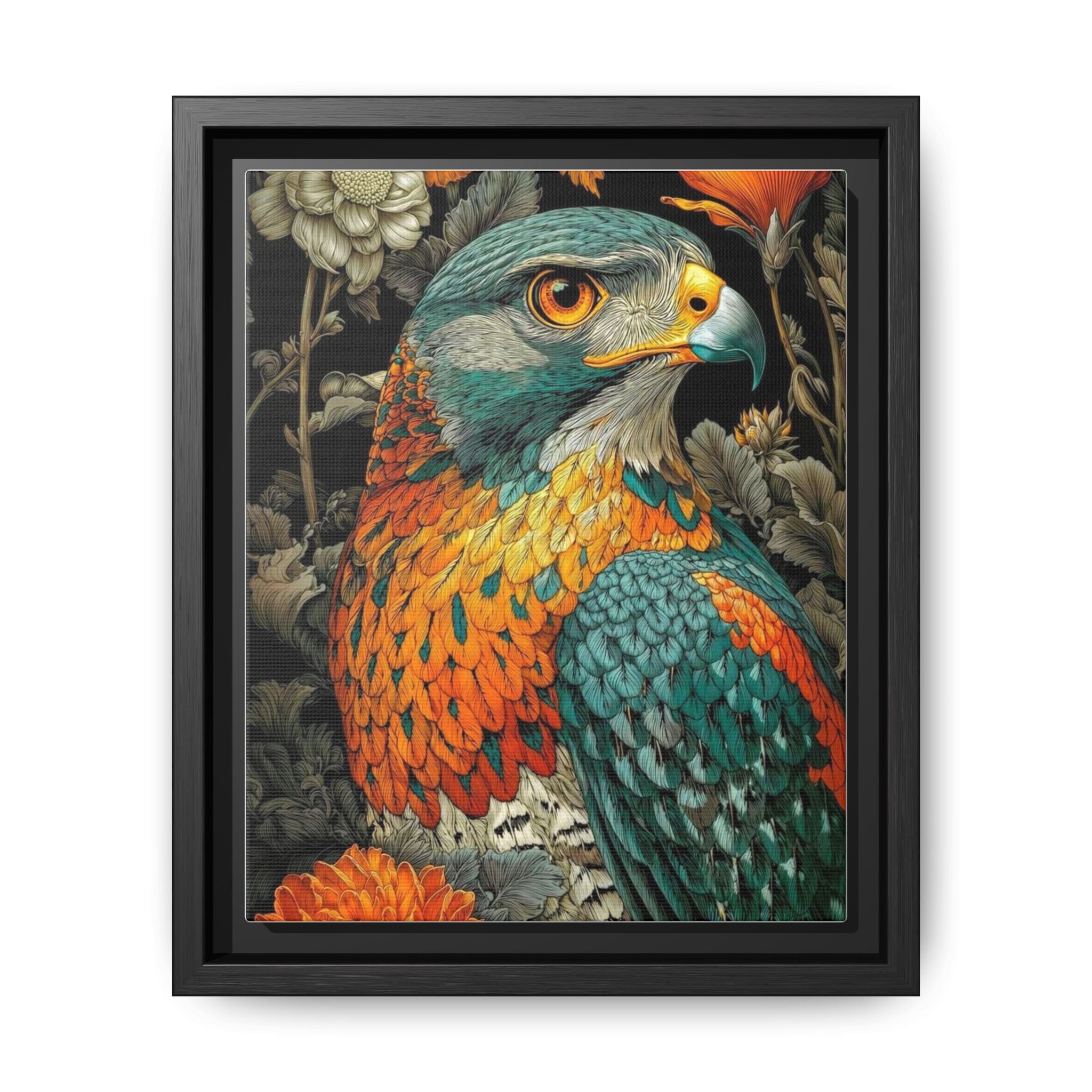Artistic portrait of a colorful falcon on canvas