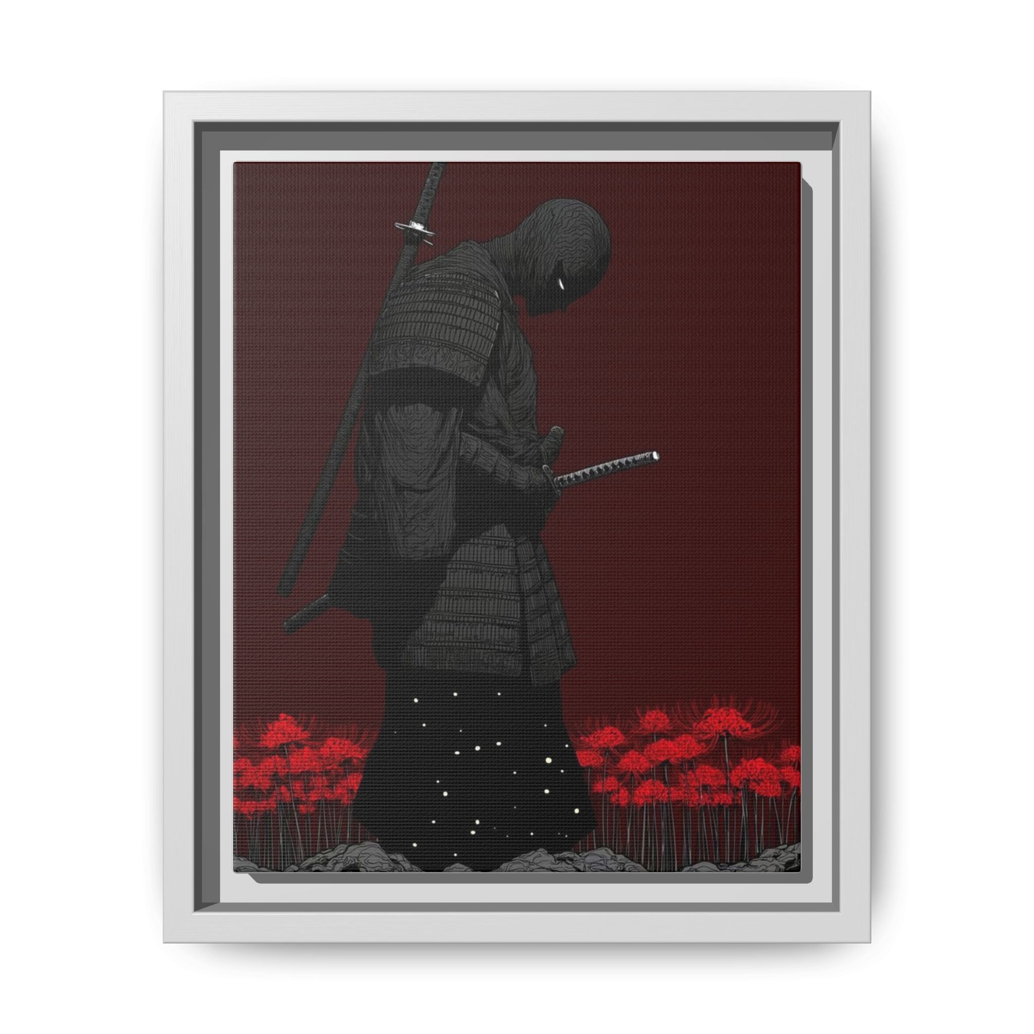 Samurai meditating under red flowers