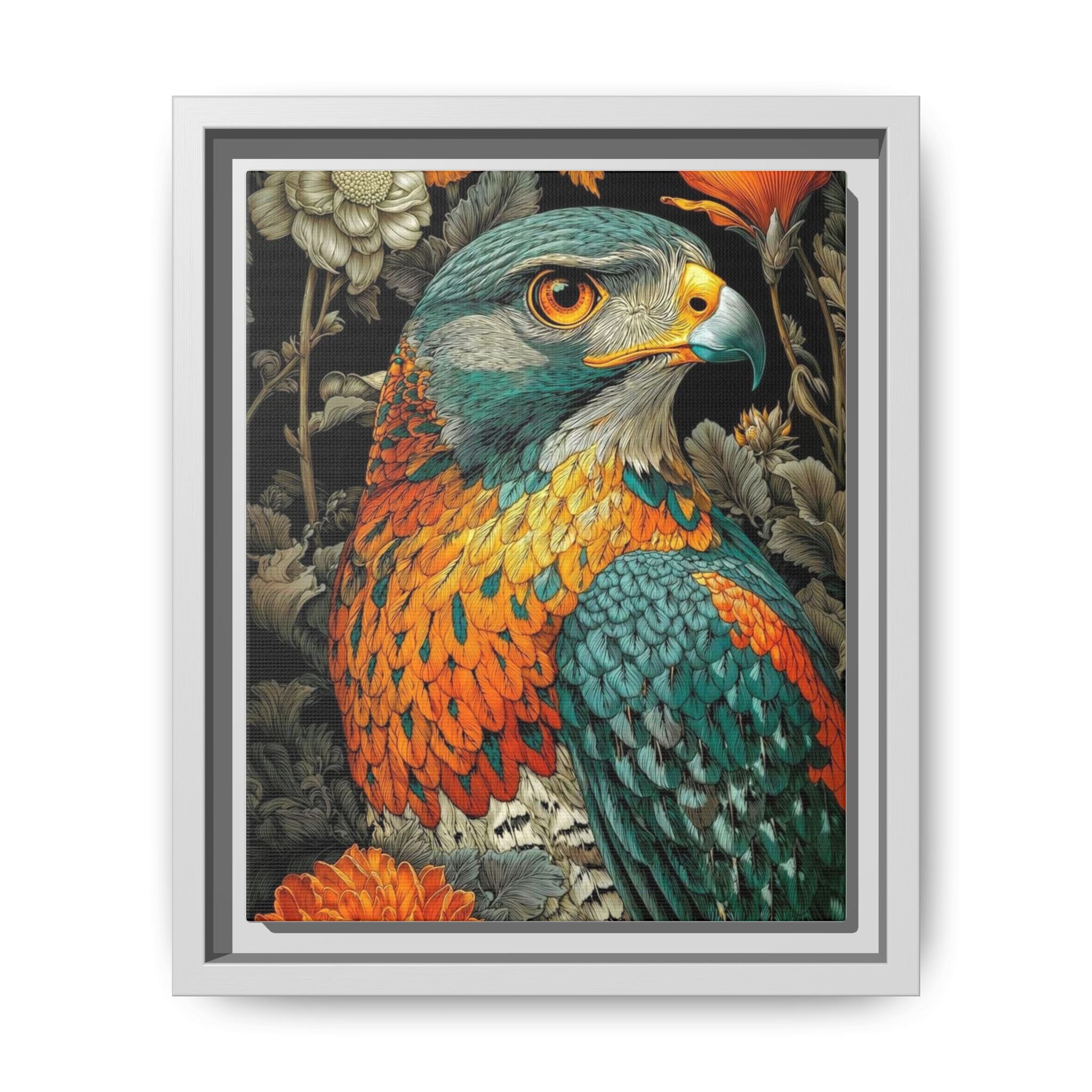Artistic portrait of a colorful falcon on canvas